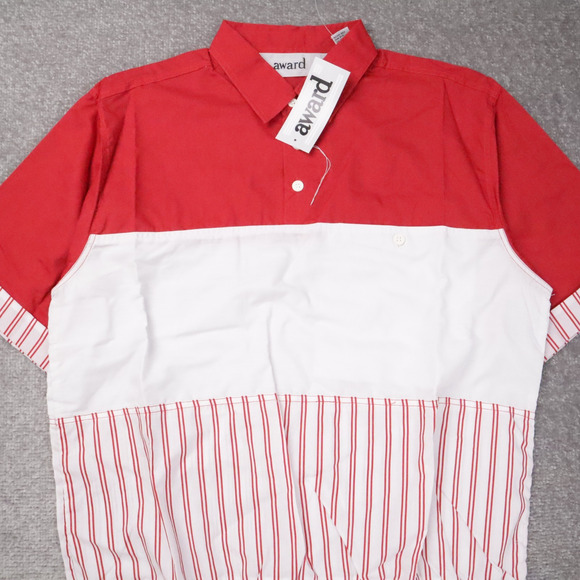 VTG 80s 90s Award Deadstock Medium Red White Striped Short Sleeve Collared Shirt - Picture 7 of 10